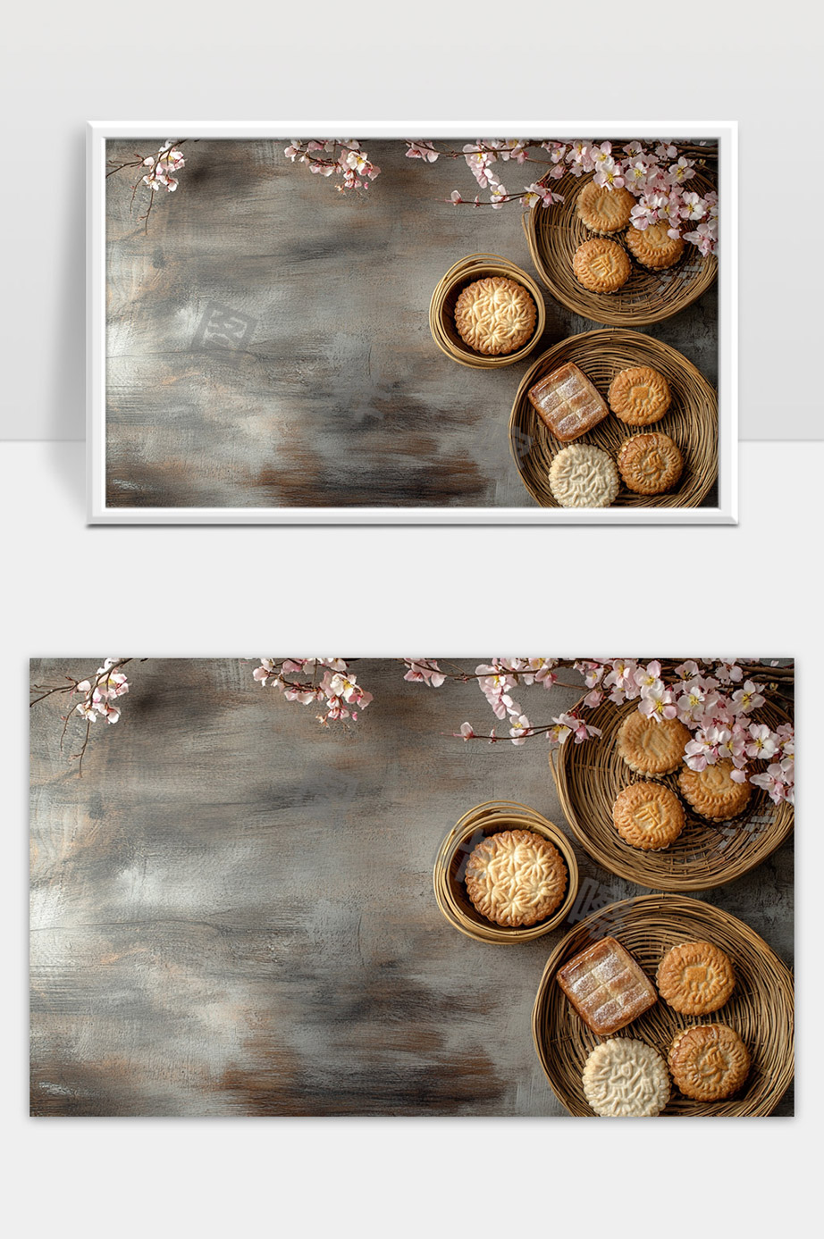 中秋月饼与花枝古风静物场景展示