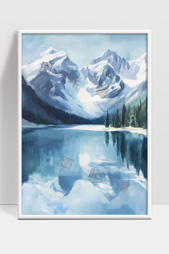 雪山倒映湖水清澈宁静自然风光画作