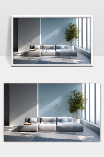 极简现代客厅宽大灰色布艺沙发与落地绿植