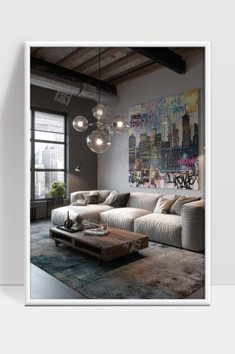 现代工业风格客厅温馨舒适沙发艺术挂画设计
