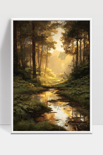 静谧森林溪流晨光穿透树梢的自然风景