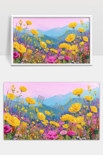 绚丽色彩的春日花海与远山风光油画