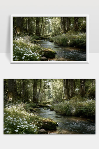 宁静清澈的森林溪流春季绿意盎然花草繁盛