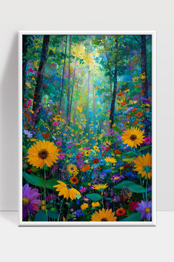 阳光森林中的五彩斑斓野花盛开美景