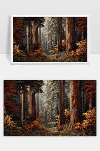 宁静秋日深林中的参天古树与落叶灌木