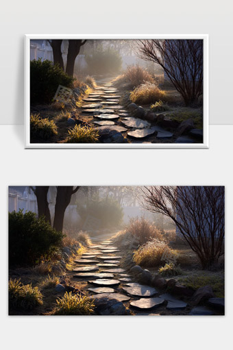 晨雾中蜿蜒曲折的石板小径静谧自然风光