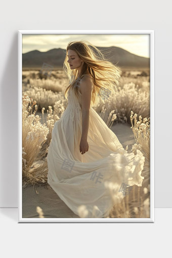 夕阳下旷野中白裙少女风中飘扬的唯美瞬间