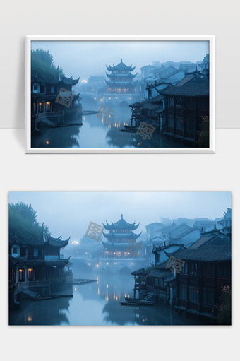 江南古镇水乡晨雾中的传统建筑和古桥景色