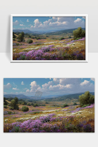 广阔山谷绽放多彩野花春夏季自然美景