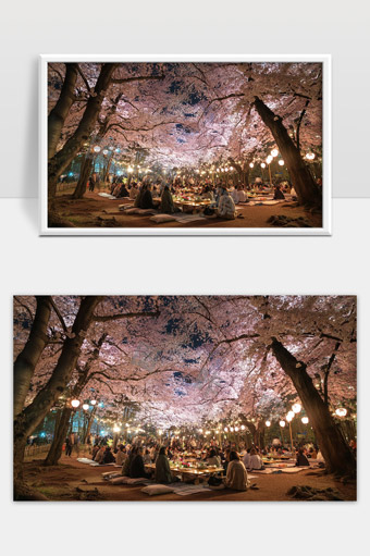 夜晚樱花树下温馨聚会人们赏花聊天共度美好时光