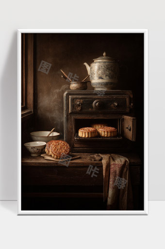 复古风格厨房中传统中秋月饼烘焙场景