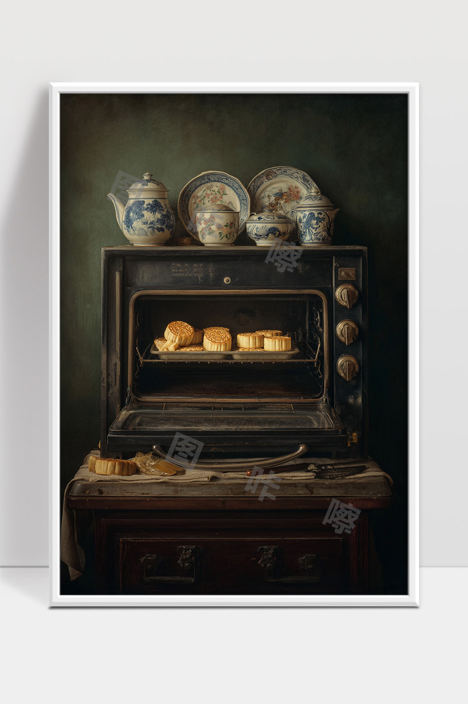复古厨房老式烤箱中的中秋月饼与瓷器摆设