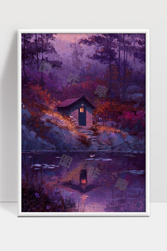 宁静湖畔温馨小屋暮色迷人森林风光