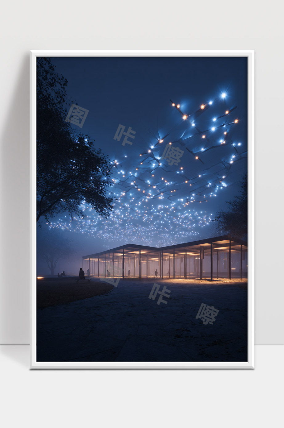 夜晚星光装置艺术与现代建筑相融合的景观