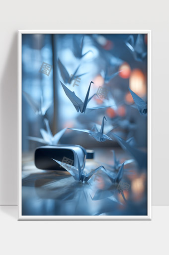 虚拟现实中飞舞的纸鹤梦幻科技艺术场景