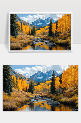 金秋季节山间溪流与红叶林木美丽风光