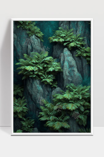 青山岩石上的绿色蕨类植物生长景象