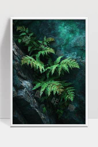 青苔蕨类植物生长在岩石缝隙中静谧清新自然风光