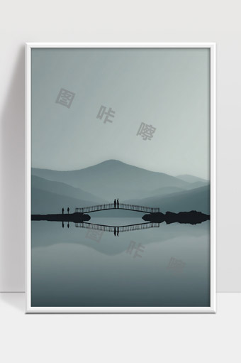 宁静湖面山水倒影桥上漫步宁静自然风光