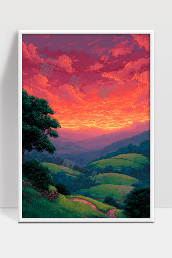 夕阳映照下的青翠山丘与绚丽晚霞