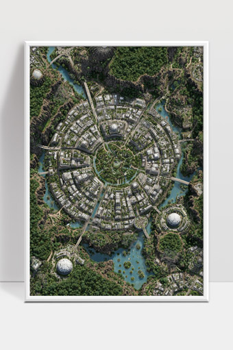 环形未来城市生态与绿地完美融合鸟瞰图