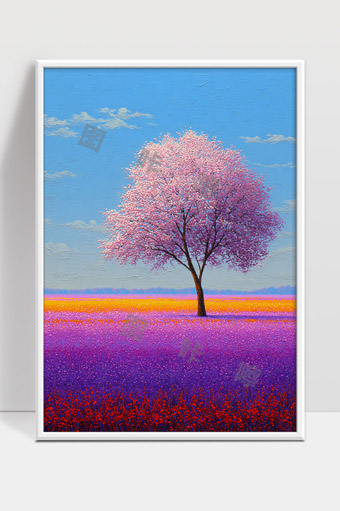 春日绽放的粉色樱花树与五彩斑斓的花海风景画