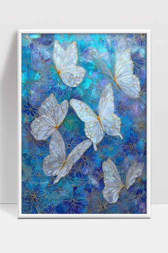蓝色花海中翩翩起舞的白色蝴蝶艺术画