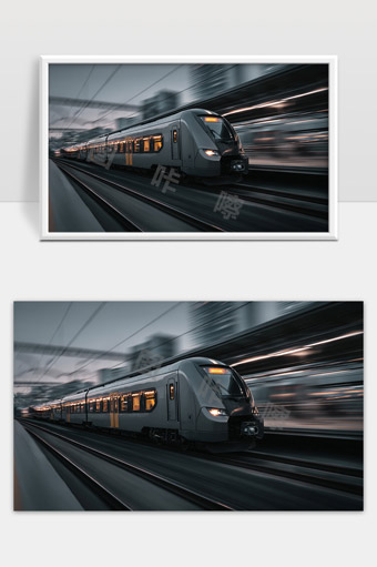 现代高速列车夜间疾驰穿越城市轨道