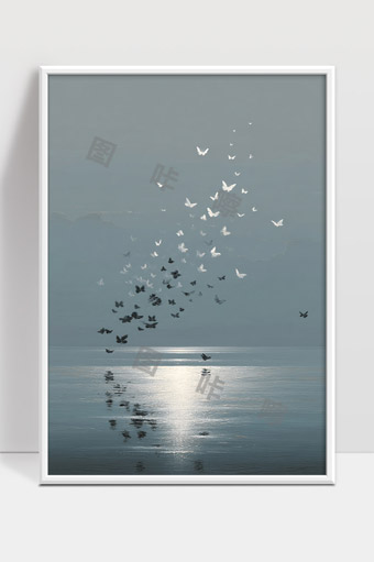 清晨湖面上的蝴蝶群飞翔暮色映照宁静水面