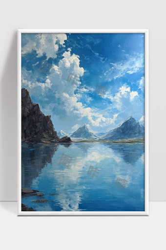 蓝天白云映衬湖水山脉宁静自然风光