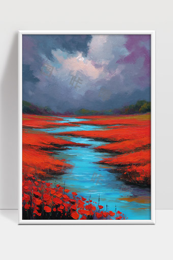 蓝色溪流穿越红色花海自然风光油画作品