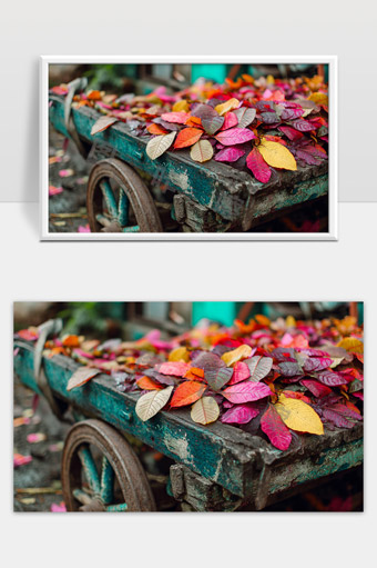 秋天落叶满载旧木车色彩斑斓的自然美景