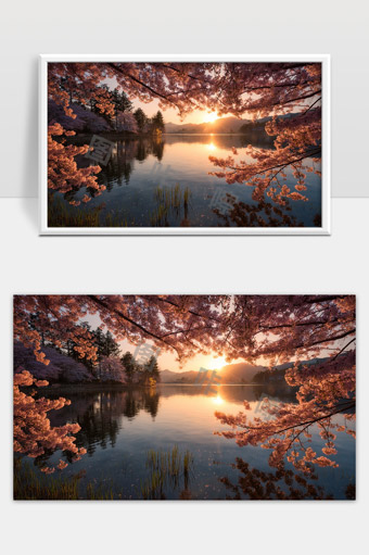 樱花盛开湖畔日出美景春天自然风光