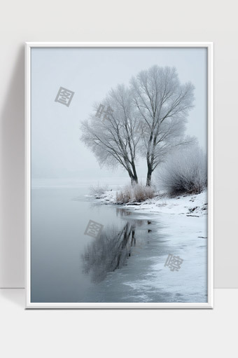 静谧雪景冬日湖边白树倒影唯美画面