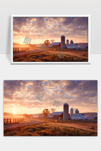 夕阳下宁静的乡村农场田园风光美景