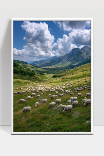 群羊草原牧场蓝天白云壮丽山谷风光
