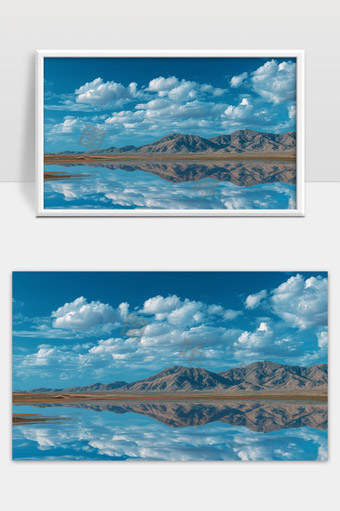 蓝天白云映照宁静湖泊山脉自然风光美景