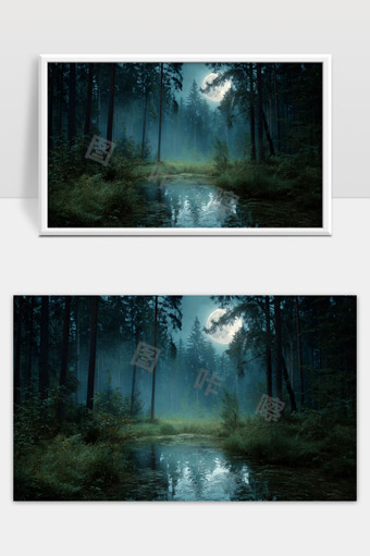 月光映照下的神秘森林静谧夜景