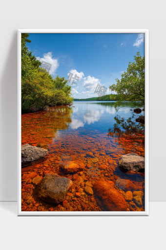 清澈湖水映照蓝天白云宁静自然风光