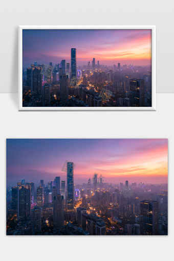 夕阳映照下的现代城市高楼与繁华夜景