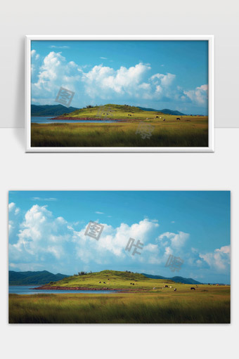 青山绿水草原牧场蓝天白云宁静自然风光美景