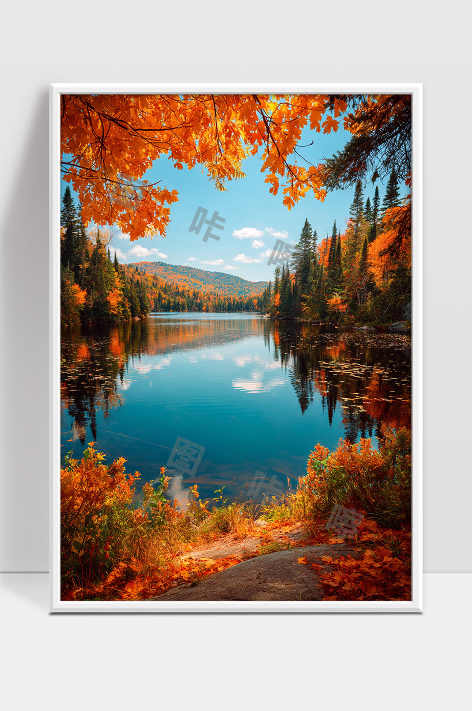 秋季树林湖泊自然风光红叶映照蓝天白云