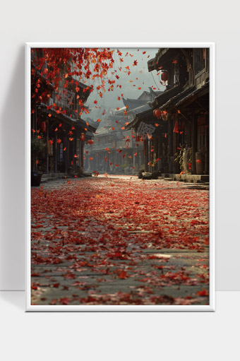 古镇秋日红叶纷飞满地落叶景象