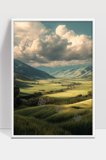 阳光洒落下的广袤田野与层峦起伏的群山景色