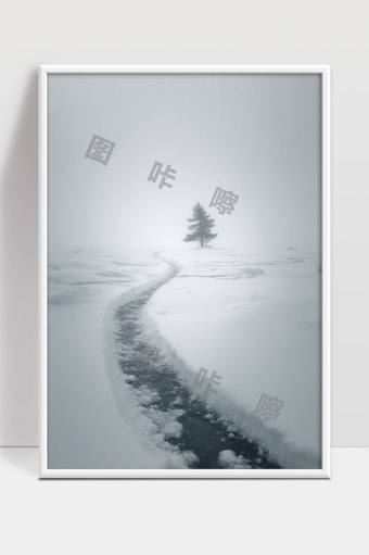 雪地晨雾中孤独树木与蜿蜒小径静谧景象