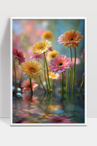 晨光下绽放的雏菊花朵水中倒影美丽画面