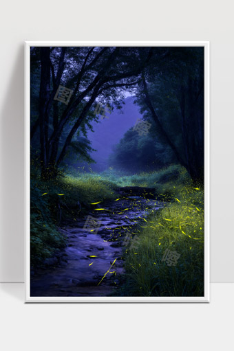 夏夜幽静森林萤火虫点亮溪流光影交织梦幻场景