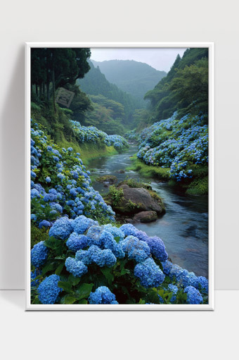 蓝色绣球花海环绕的宁静溪流山间美景