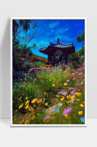 繁花盛开古亭幽静花园春日美景