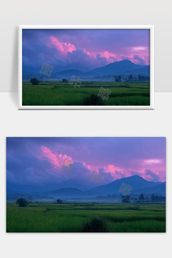 晚霞映照下宁静的田园山丘景色